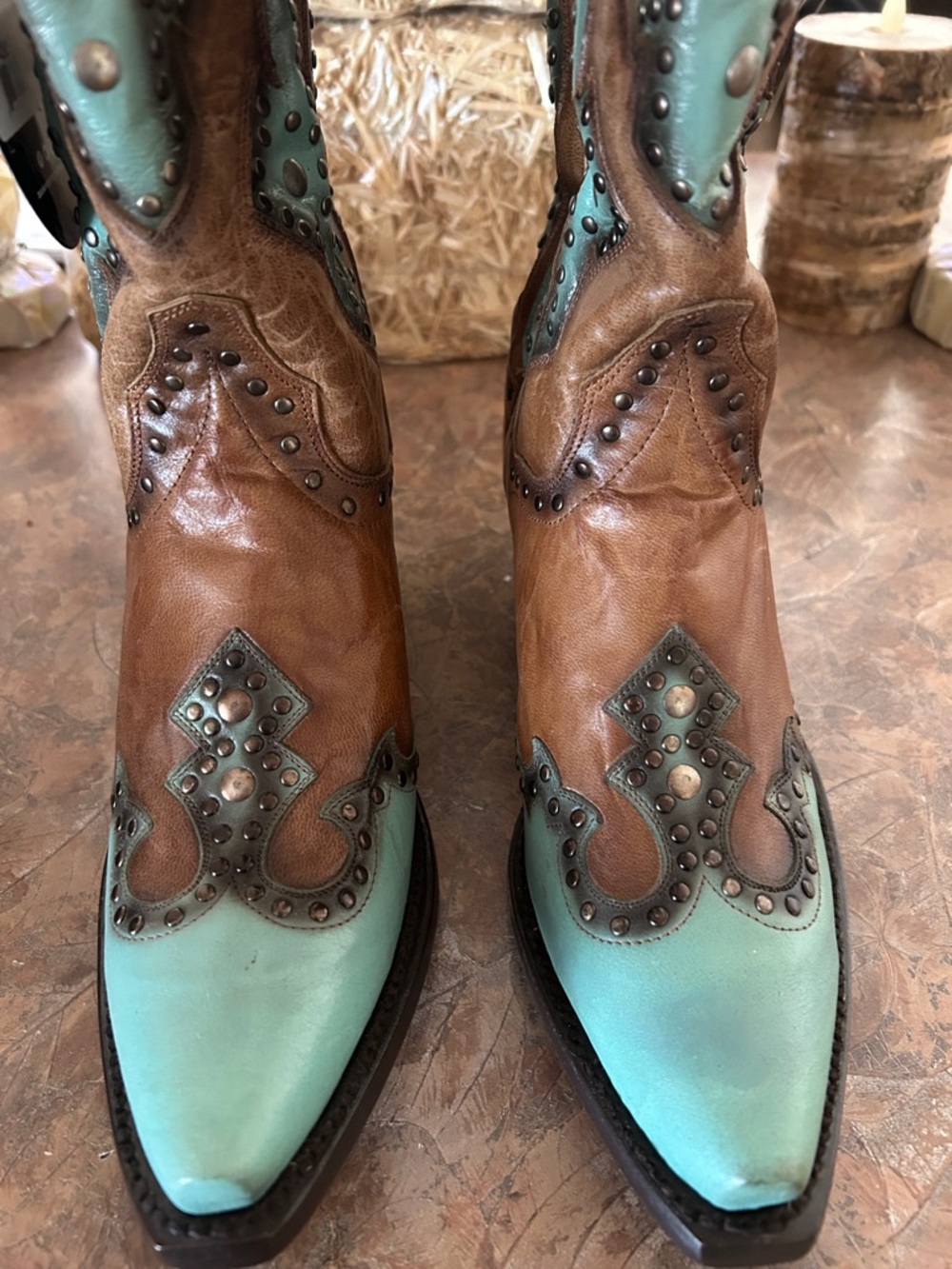 Dan Post Women’s Leather Brown and Turquoise Studded Western Boots - Picture 5 of 12